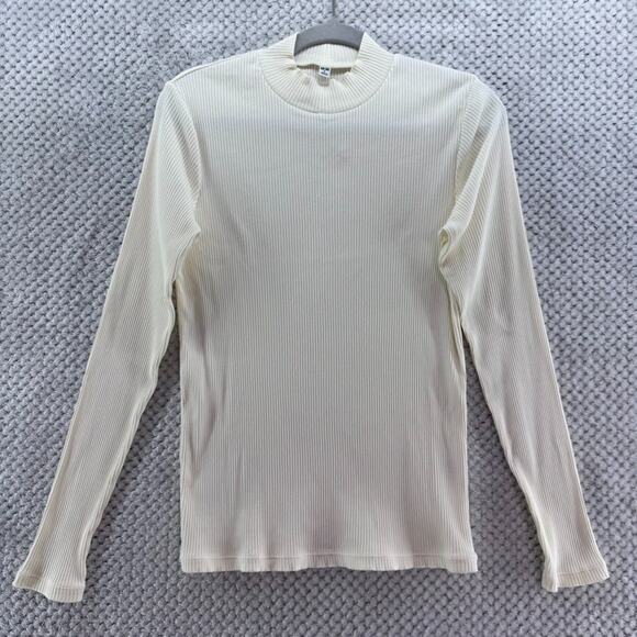 Uniqlo Sweater Womens M Cream Cotton Rib Knit Mock Neck Long Sleeve Fitted - Picture 1 of 12